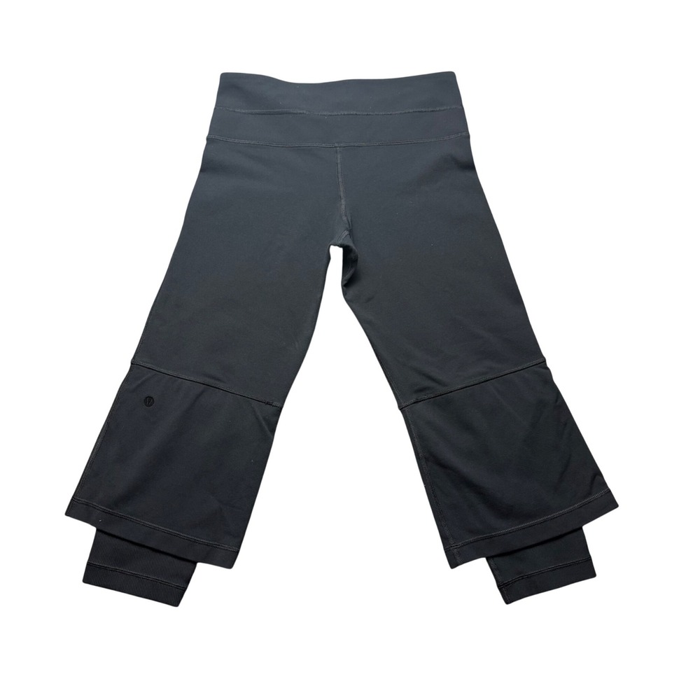 Lululemon Crop Leggings Women 4 Black Yoga Pants Layered Hem Ribbed Cuffs